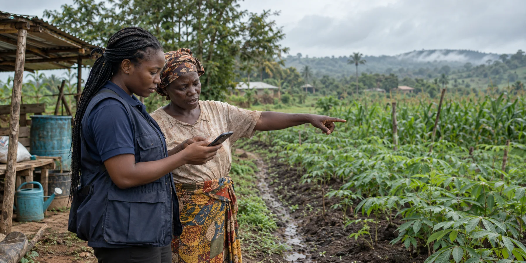 An agricultural extension officer and farmer using digital information in the field