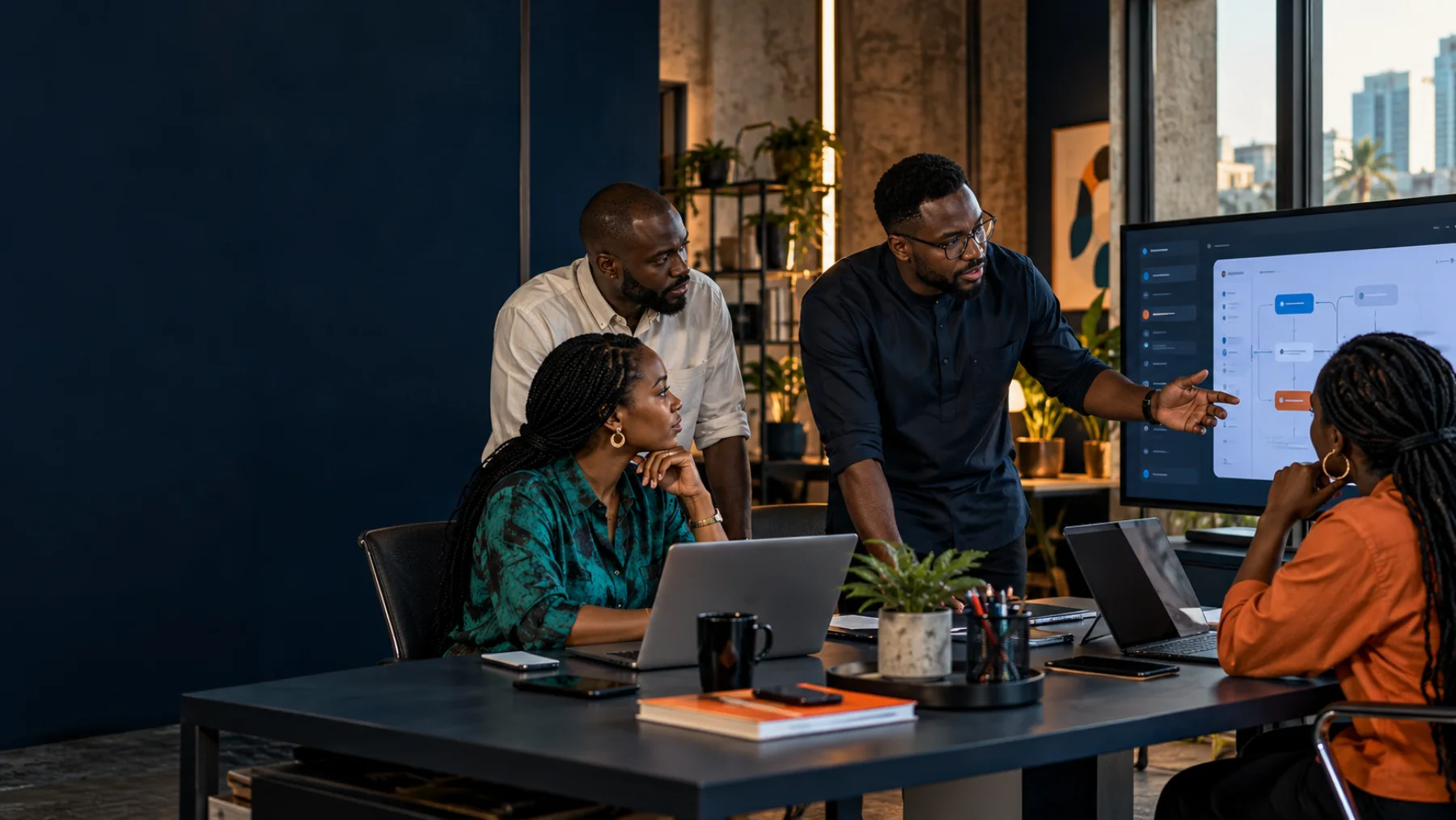 A multidisciplinary Nigerian technology team reviewing a software product together