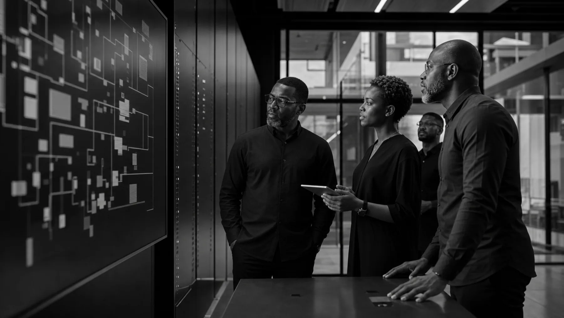 Senior technology professionals reviewing a complex digital system